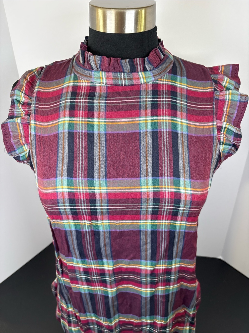 LOFT Burgundy Plaid Ruffle Mock Neck Top